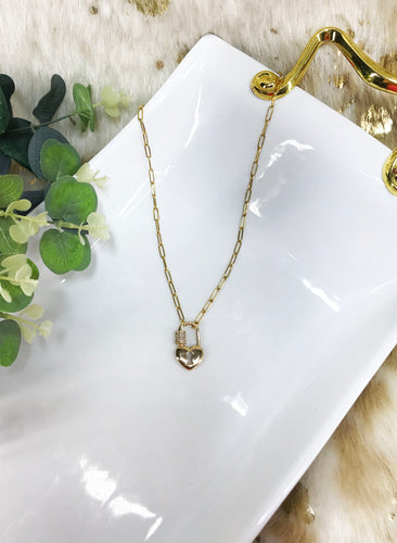 Smooth Paperclip Chain & Pave Lock Necklace - N656