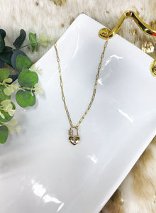 Smooth Paperclip Chain & Pave Lock Necklace - N656