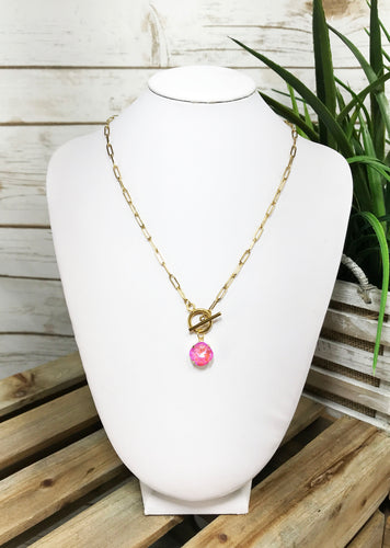 Paperclip Chain & Crystal Pendant Necklace - N690