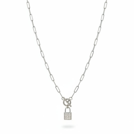 Silver Paperclip Chain Necklace with Pave Lock Pendant