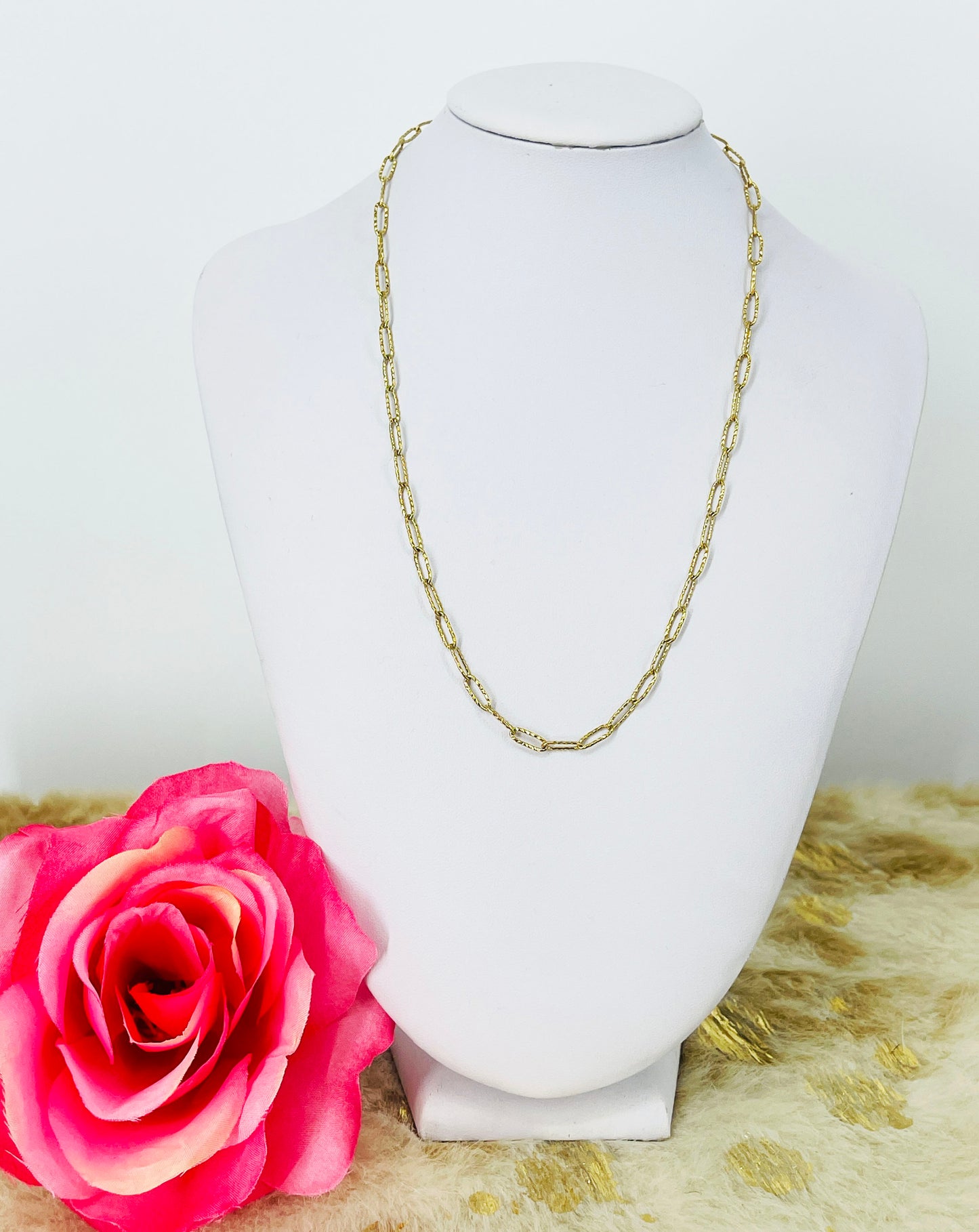 18" Textured Gold Tone Stainless Steel Paperclip Chain Necklace