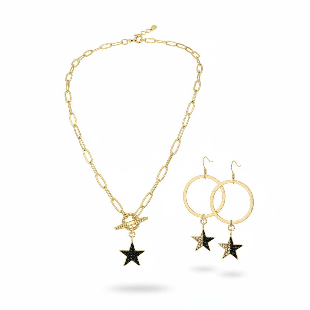 Pavé Star Paperclip Chain Necklace & Earring Set