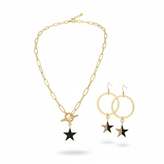 Pavé Star Paperclip Chain Necklace & Earring Set