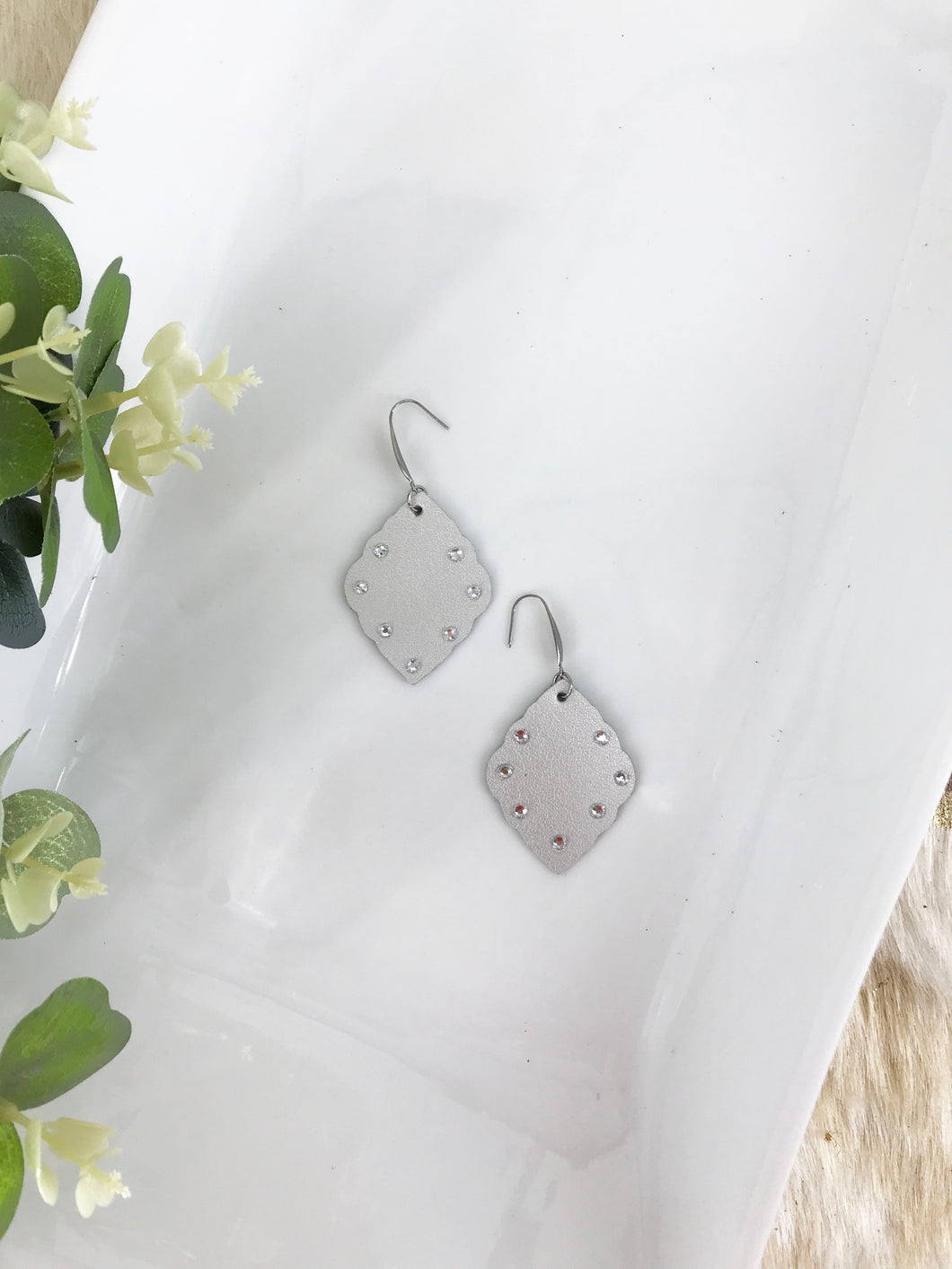 Silver Leather Earrings with Rhinestones - E19-058
