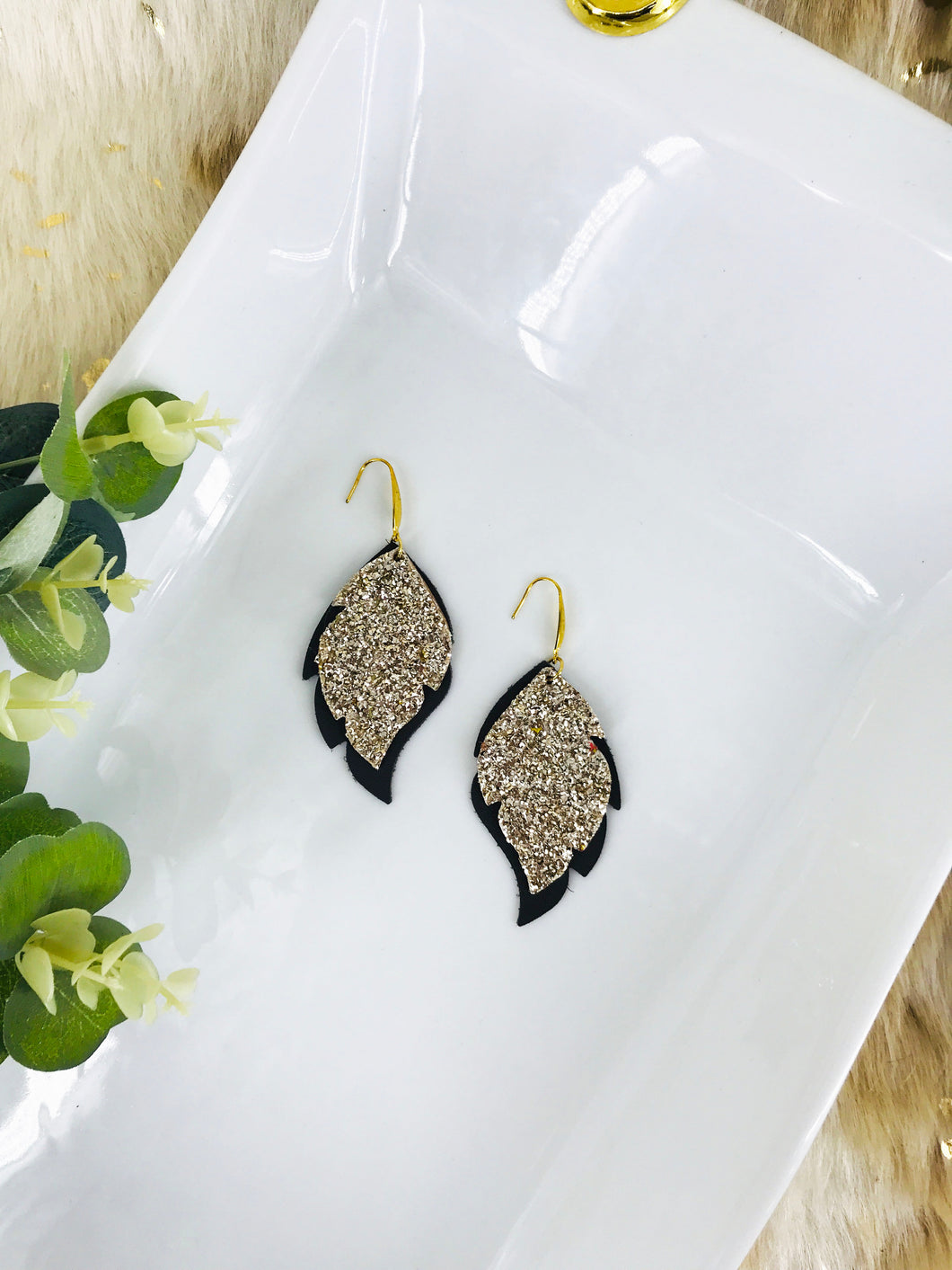 Brown and Gold Glitter Leather Earrings - E19-1006