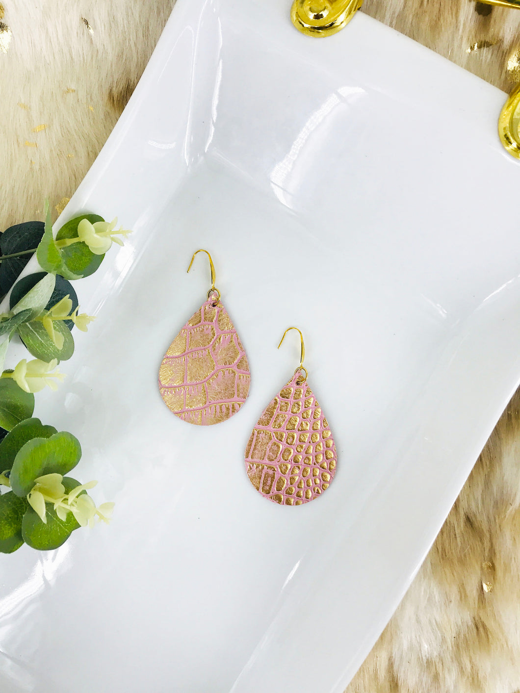 Gold and Pink Genuine Leather Earrings - E19-1043