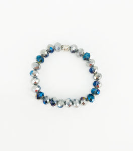 Silver & Blue Glass Bead Stretchy Bracelet