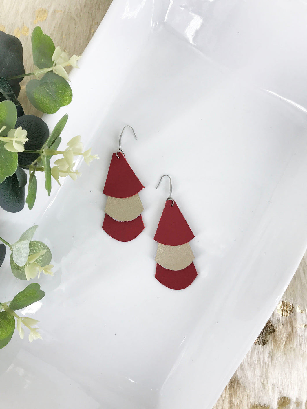 Cranberry and Metallic Gold Leather Earrings - E19-1175