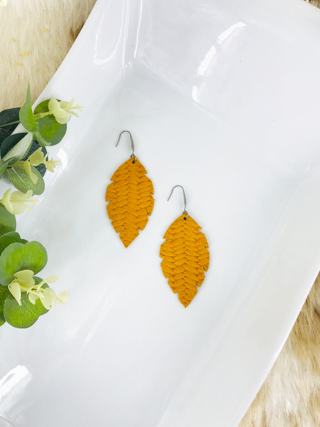 Mustard Braided Fishtail Leather Earrings - E19-1205