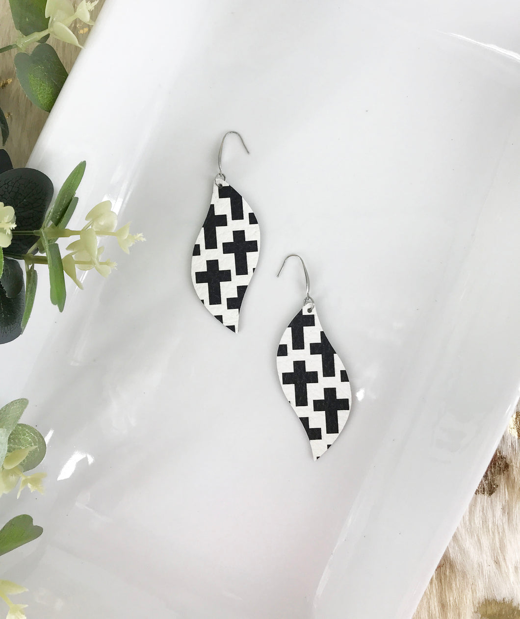Black Crosses on off White Leather Earrings - E19-1283