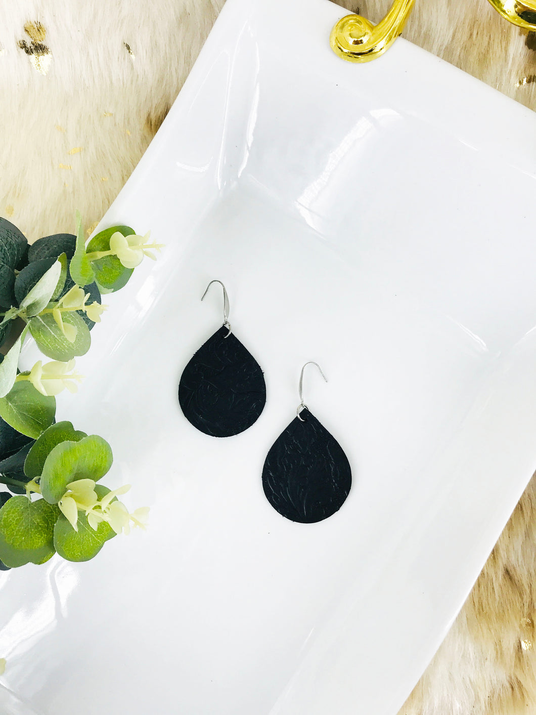 Black Embossed Leather Earrings - E19-1312