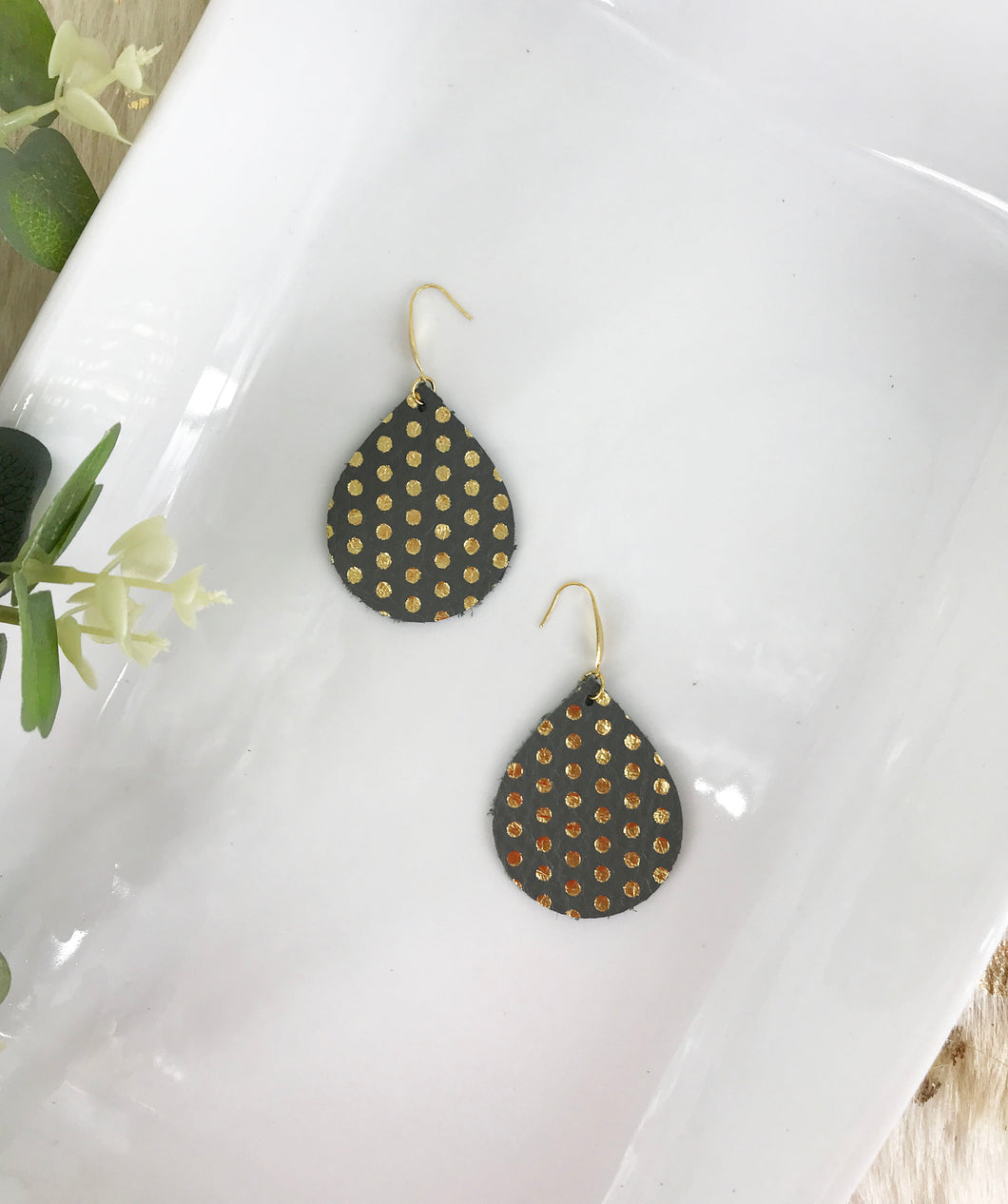 Metallic Grey and Gold Polka Dot Leather Earrings - E19-1315