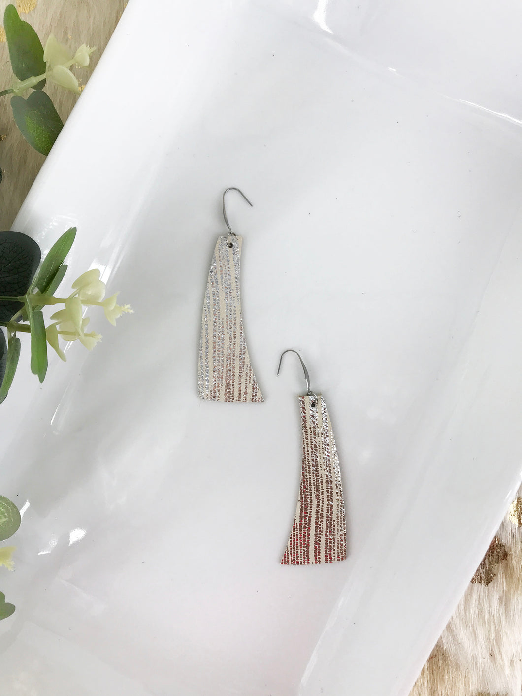 Striped Silver on Beige Metallic Leather Earrings - E19-1352