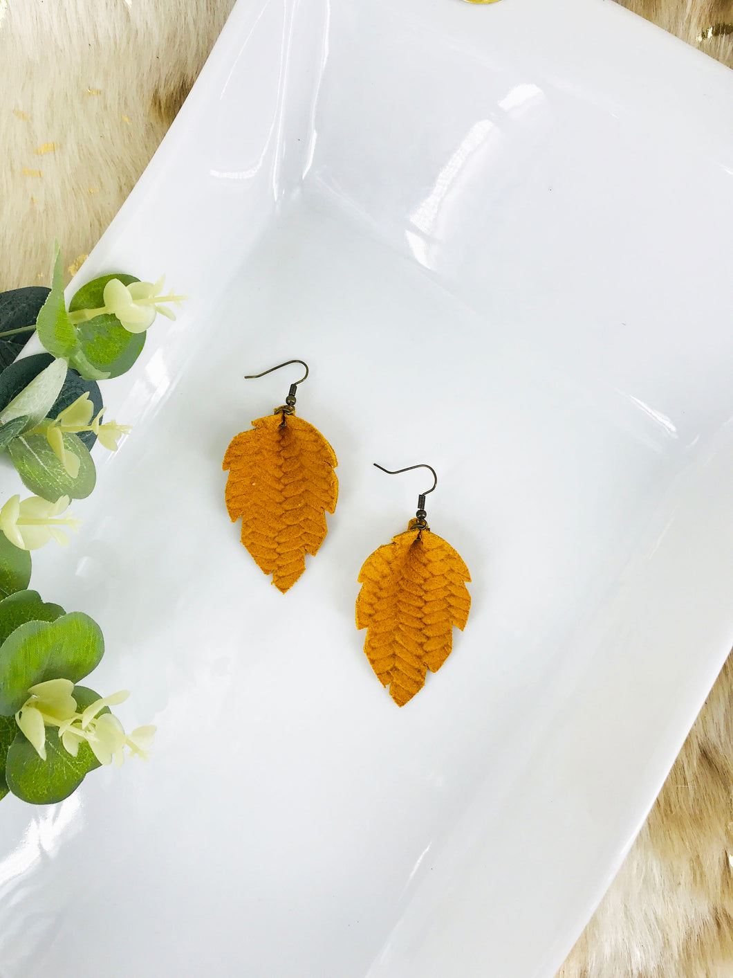 Mustard Braided Fishtail Leather Earrings - E19-1365