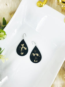 Biker Black Genuine Leather and Gold Cheetah Earrings - E19-1379