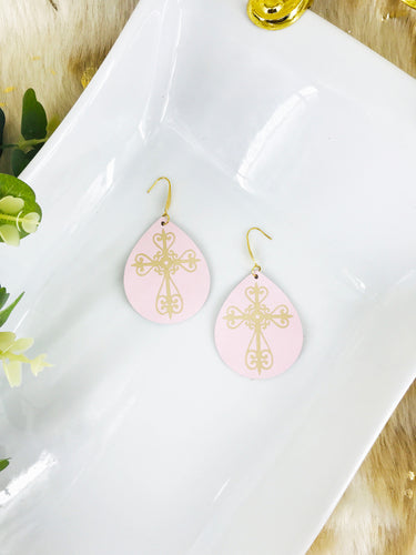 Baby Pink Divine Leather and Gold Cross Accent Leather Earrings - E19-1444