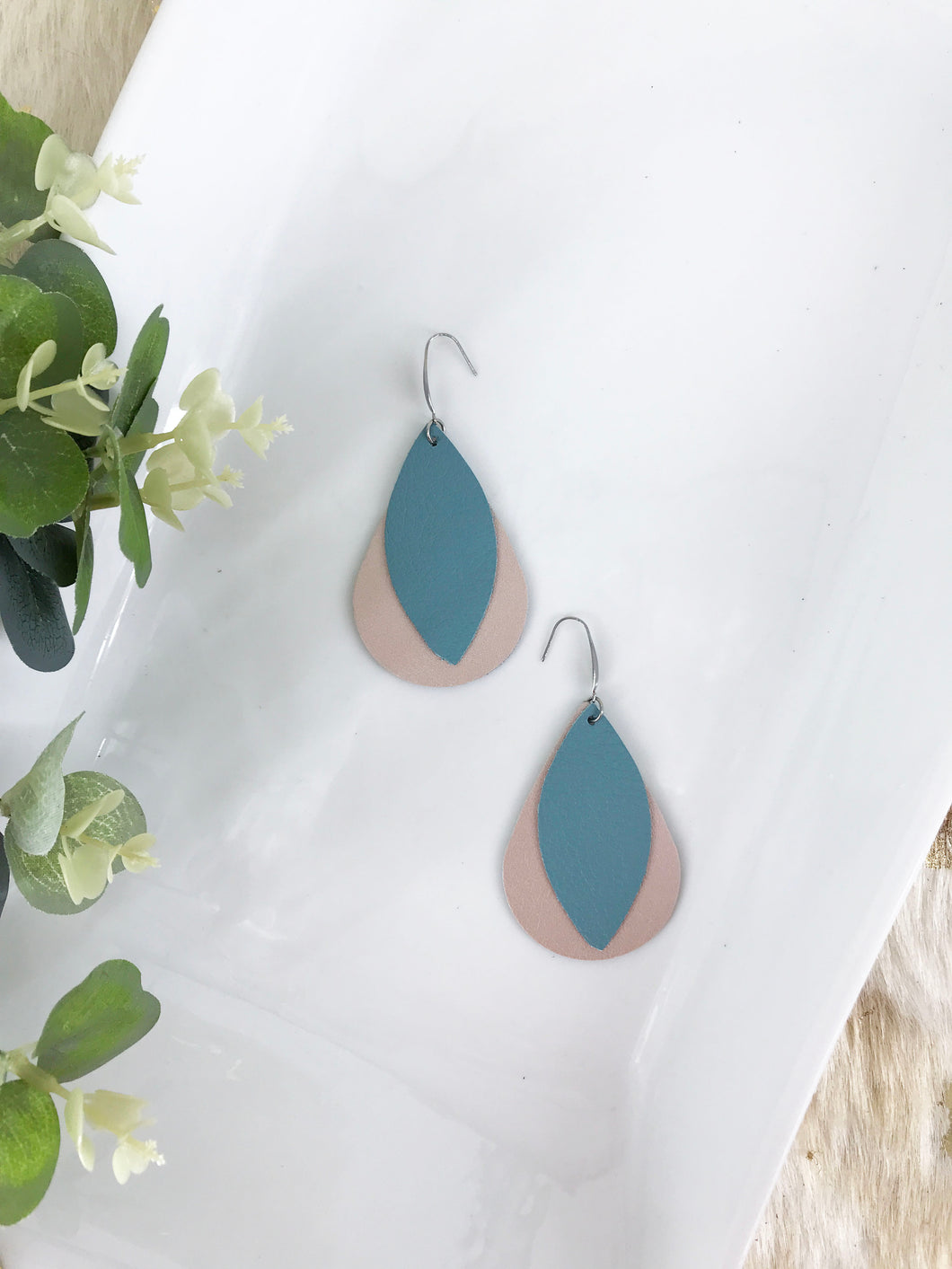 Rose Gold and Peacock Blue Leather Earrings - E19-1477