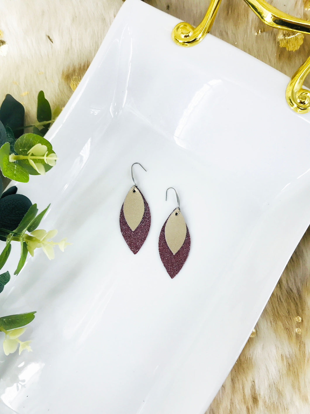 Raspberry Leather and Meatallic Gold Leather Earrings - E19-1495