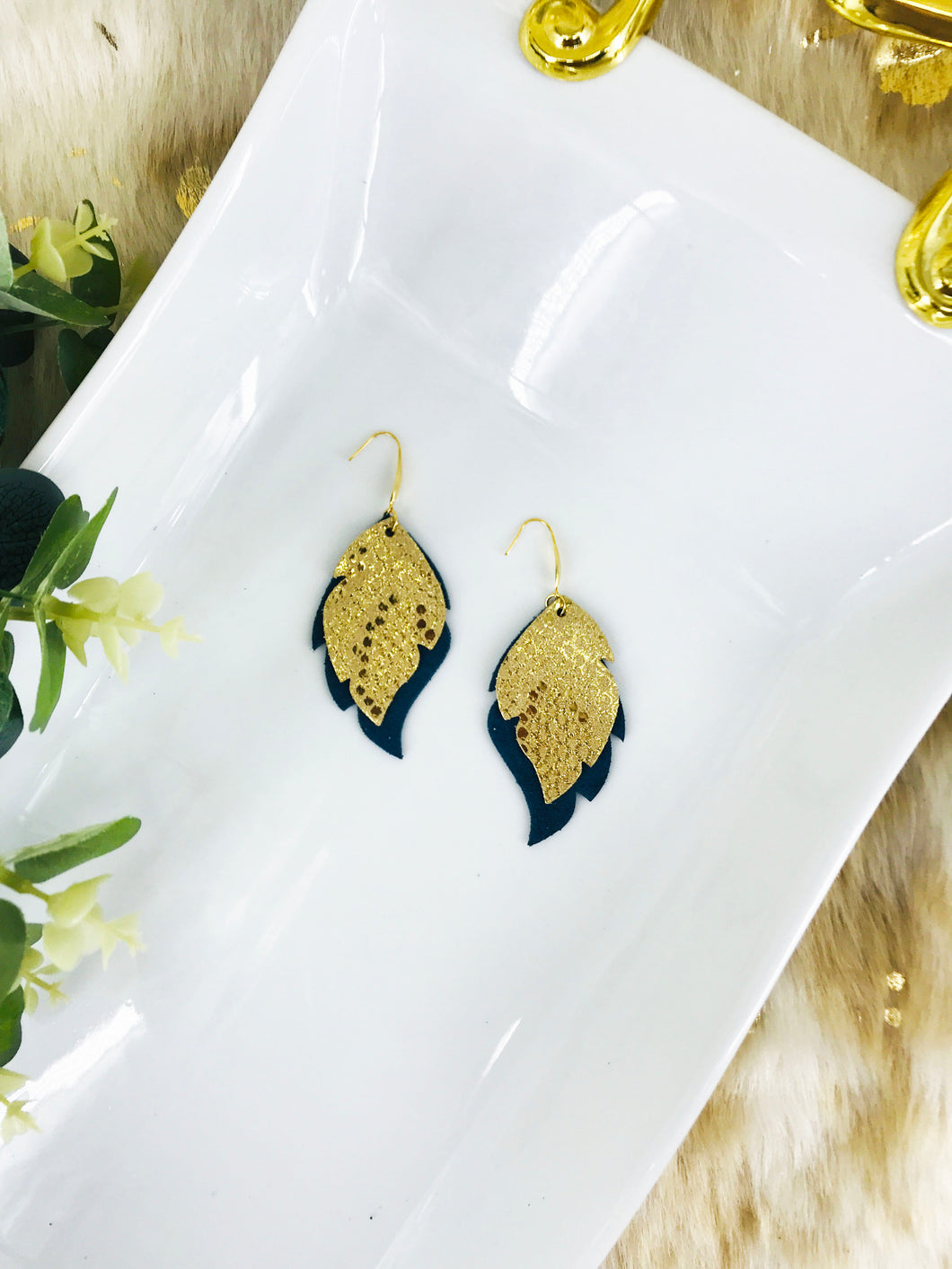 Dark Teal Suede and Mystic Gold Leather Earrings - E19-1504