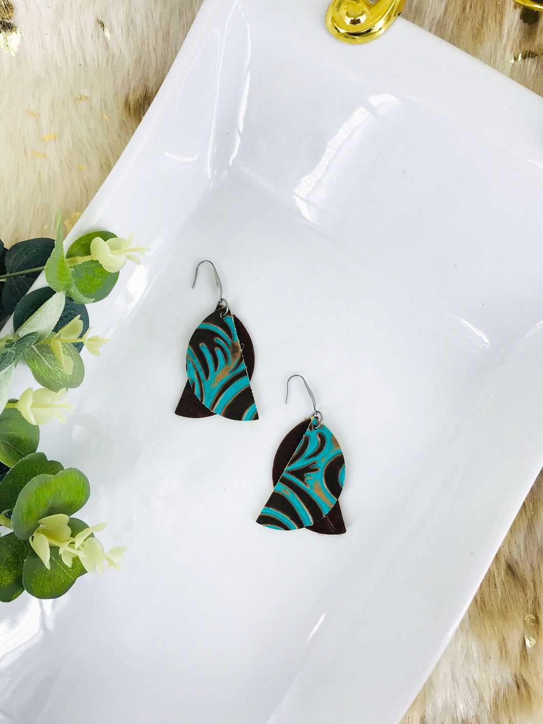 Brown and Turquoise Genuine Leather Earrings - E19-150