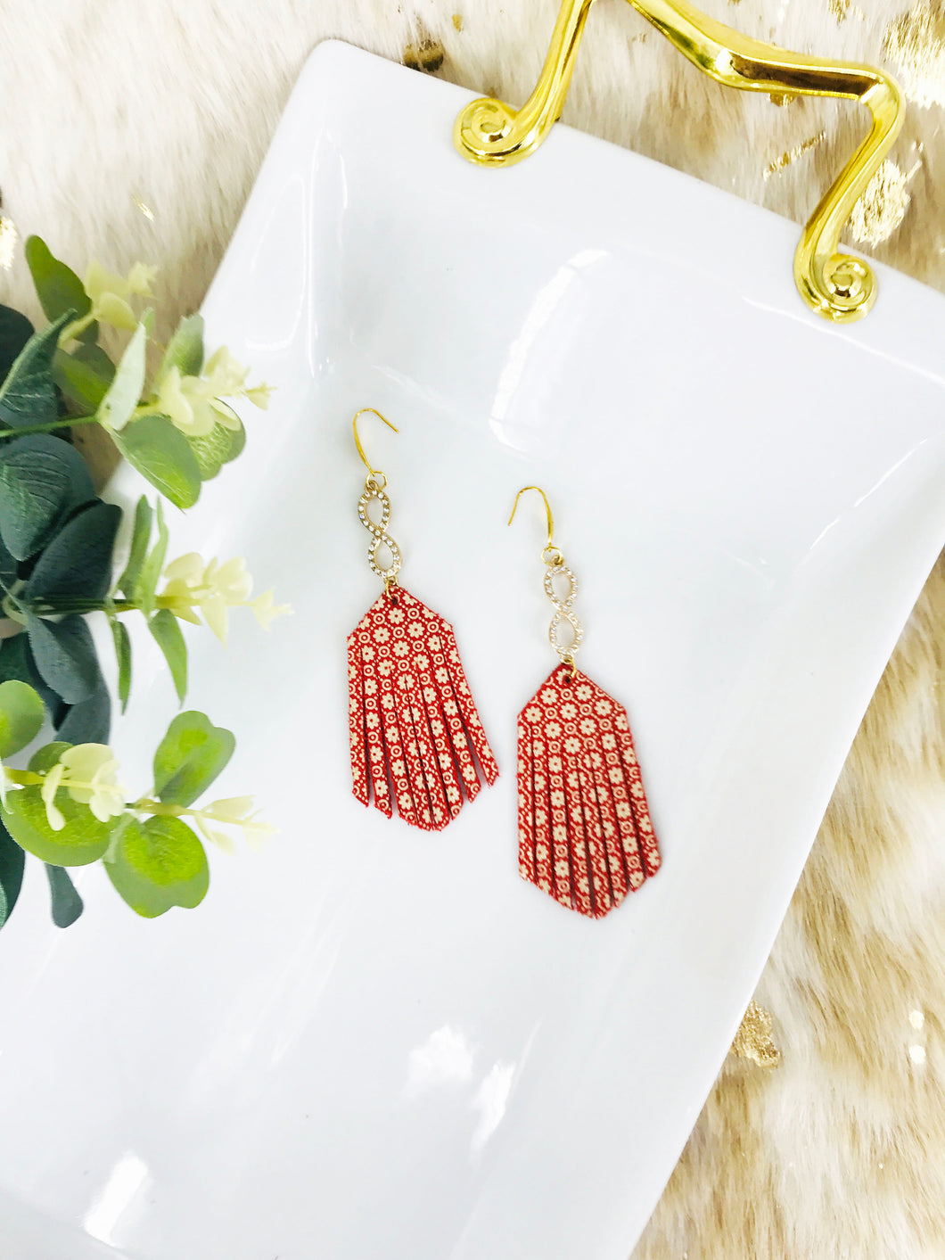 Floral Gold Leather and Rhinestone Earrings - E19-1563