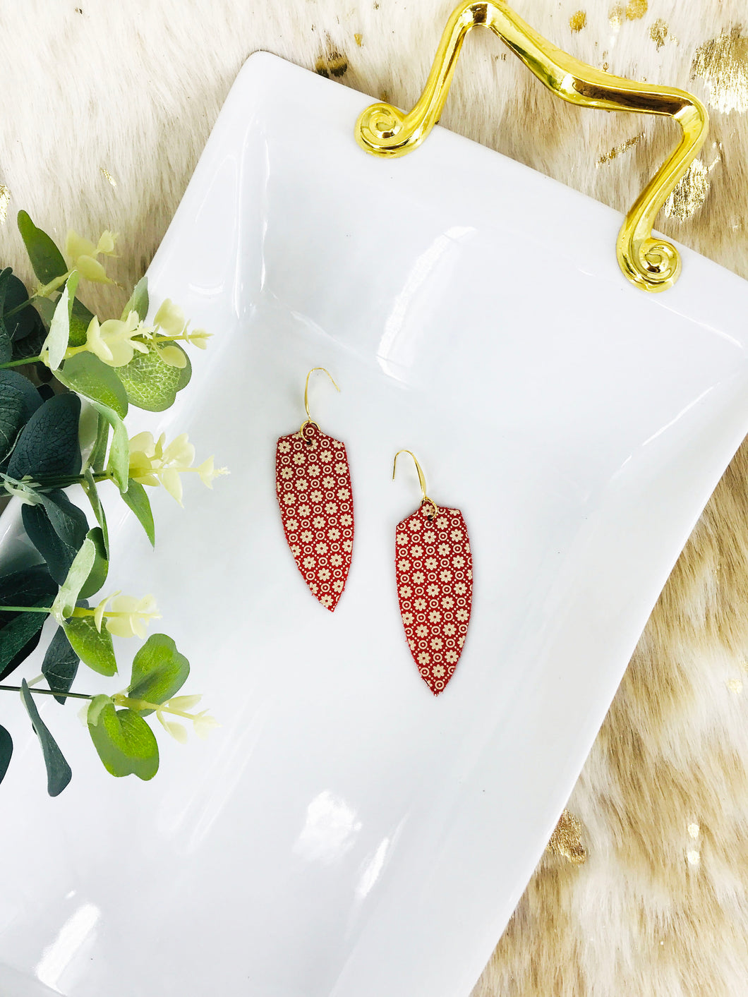 Filigree Floral Gold on Red Leather Earrings - E19-1577