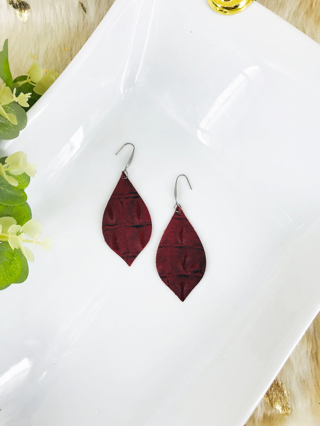 Dark Red Cranberry Genuine Leather Earrings - E19-1592