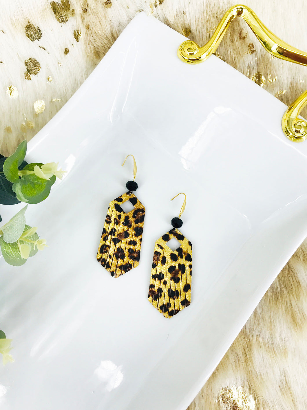 Gold Metallic Banana Leopard Leather Earrings - E19-1613