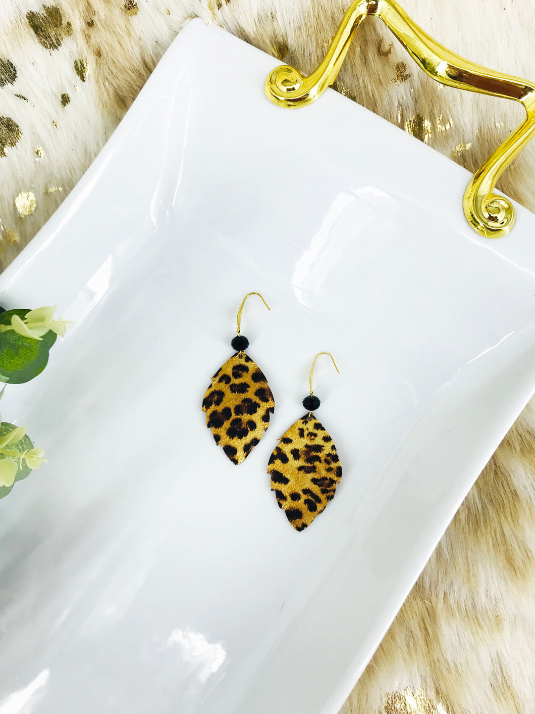 Gold Metallic Banana Leopard Leather Earrings - E19-1617