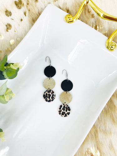 Black, Gold and Cheetah Leather Earrings - E19-1682