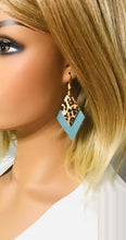 Load image into Gallery viewer, Peacock Blue Leather and Cheetah Leather EarringsE19-1683