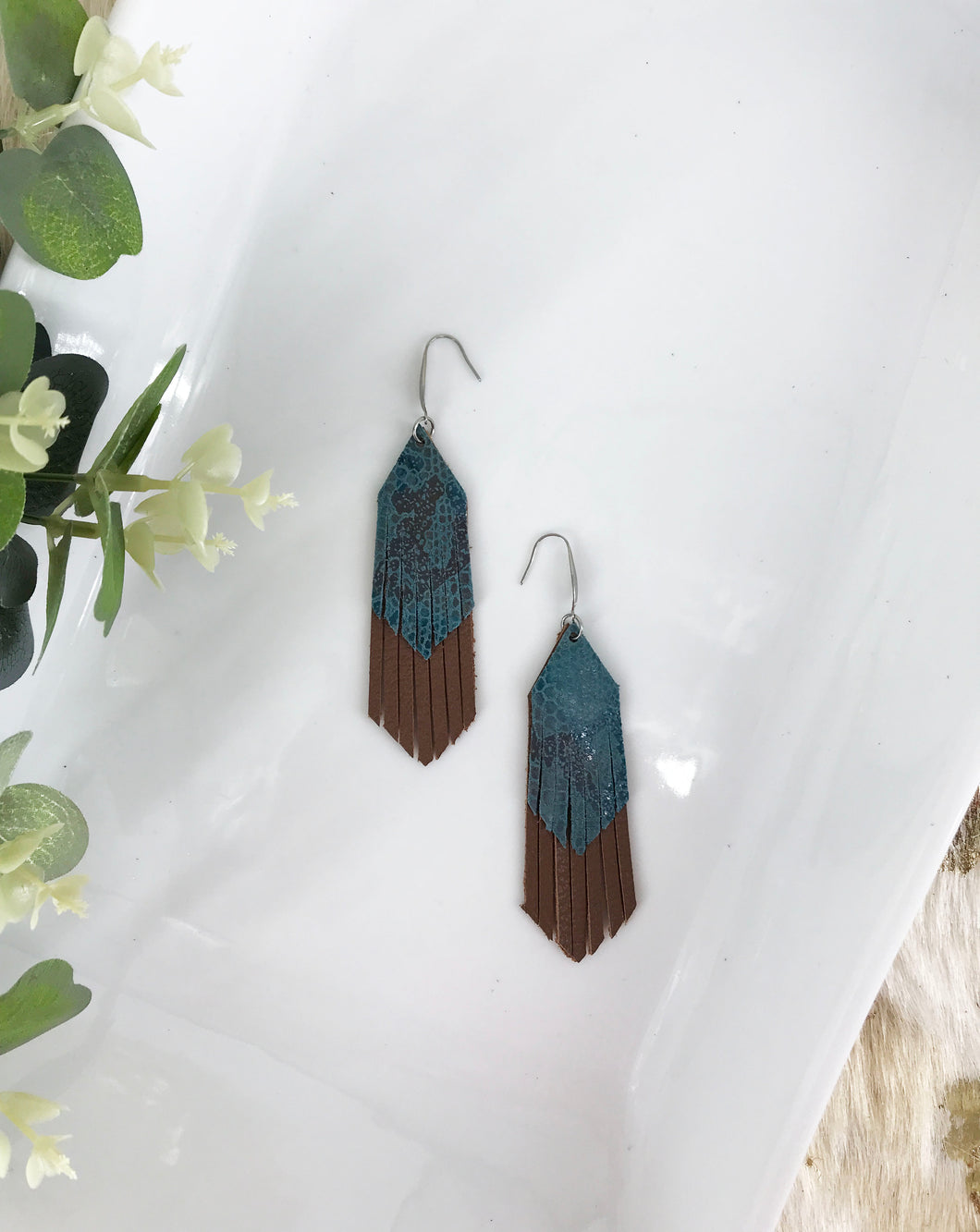 Brown and Turquoise Genuine Leather Earrings - E19-170