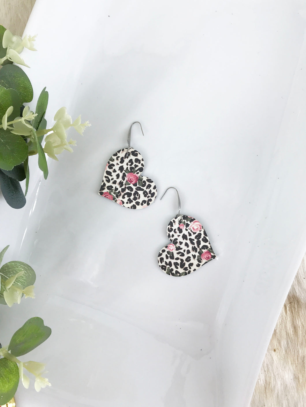 Roses over Black Spotted Leopard Leather Earrings - E19-1744