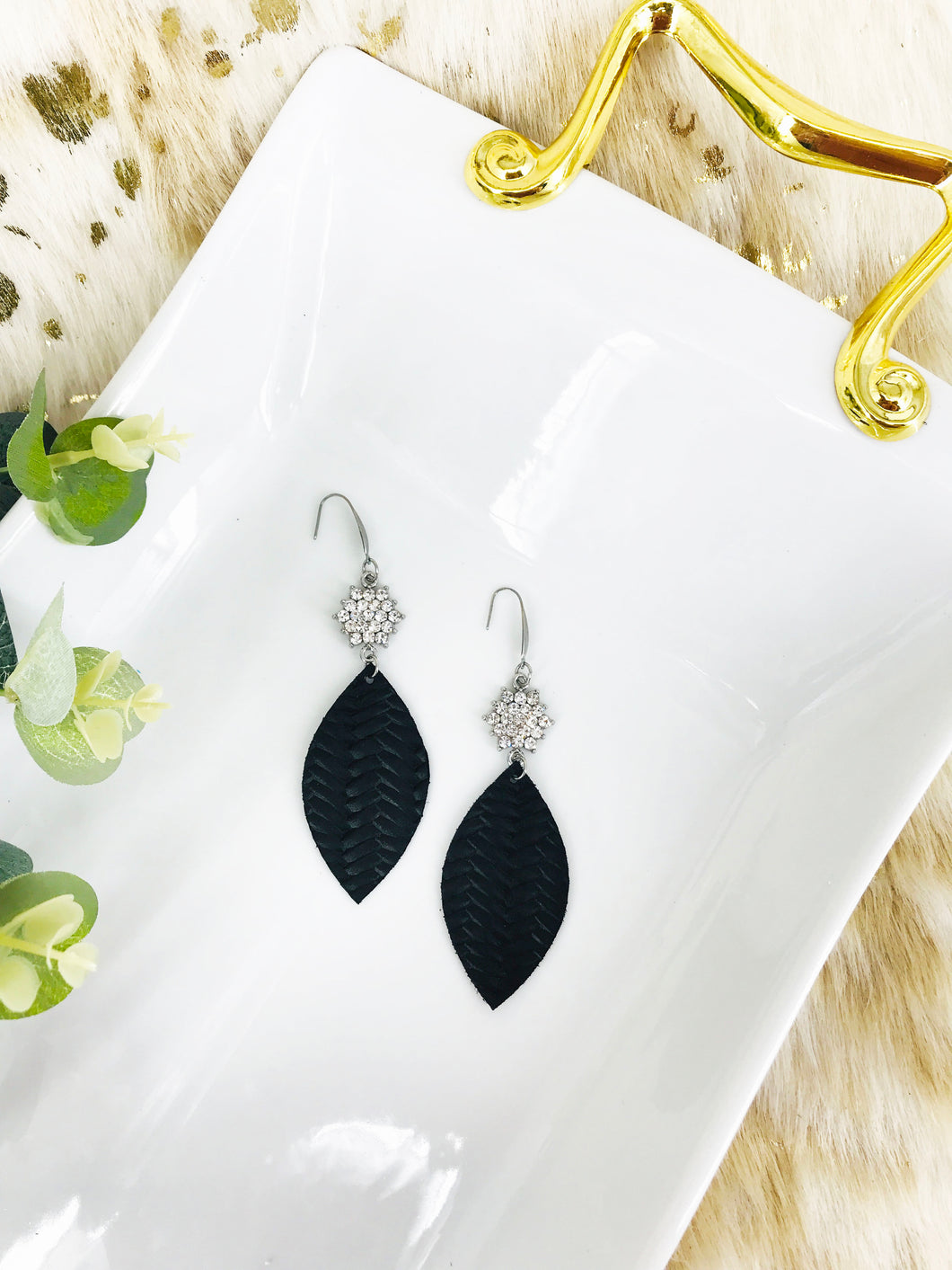 Black Braided Fishtail Leather and Rhinestone Earrings - E19-1746