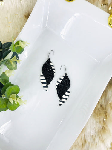 Black and White Stripped Leather and Chunky Glitter Earrings - E19-1784