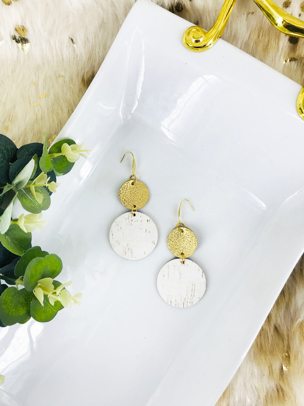 Gold Leather and White Birch Cork Leather Earrings - E19-1827