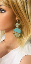 Load image into Gallery viewer, Aqua and Gold on Teal Genuine Leather Earrings - E19-1829