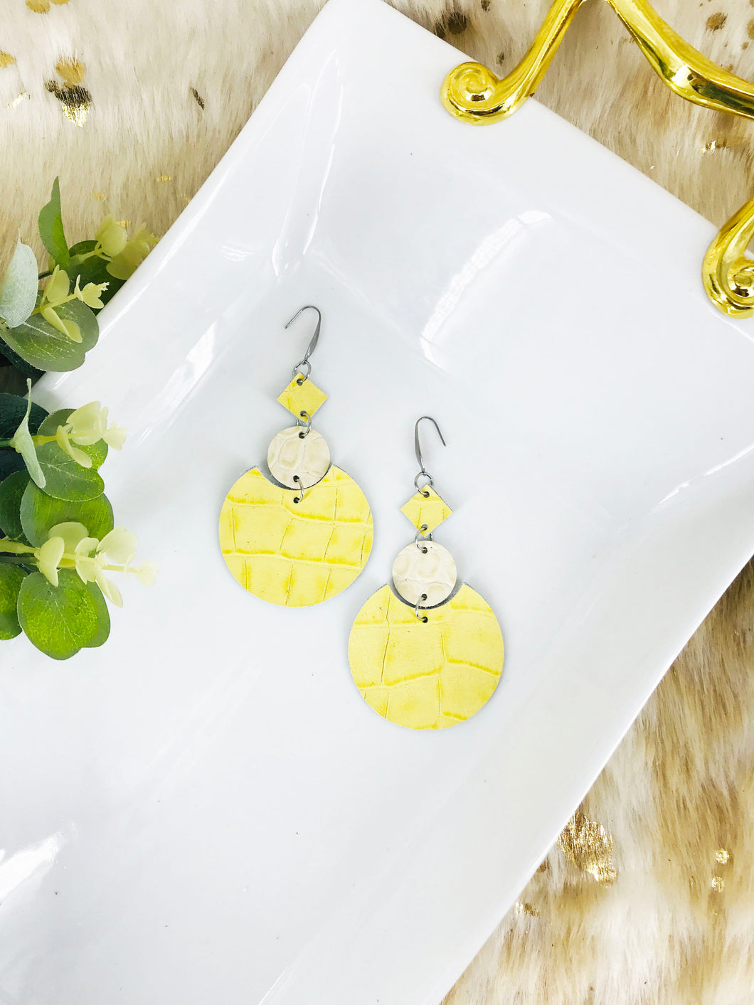 Ivory and Yellow Genuine Leather Earrings - E19-1835