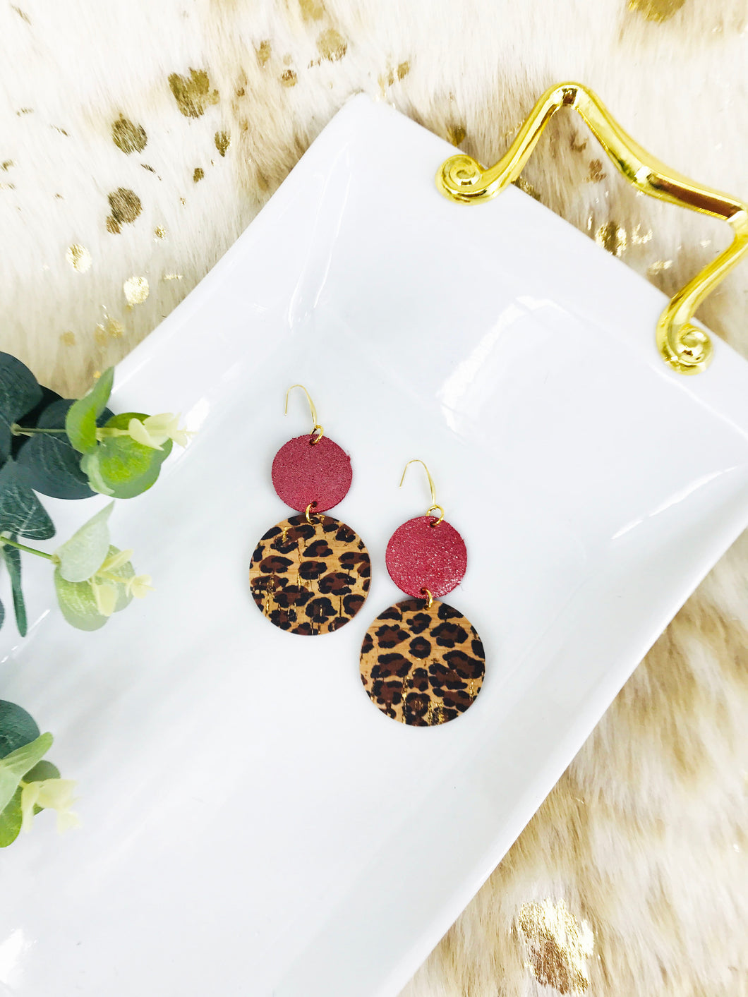 Cork on Leather and Red Dazzle Leather Earrings - E19-1851