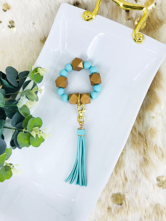 Wood and Silicon Bead Bracelet Keychain - K187