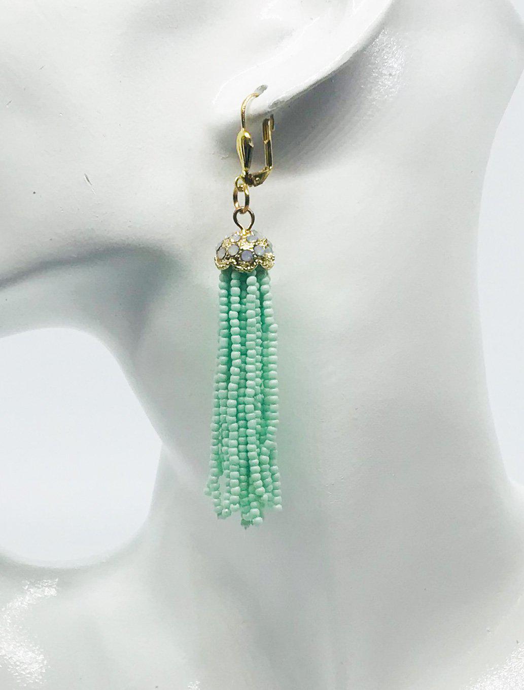 Mint Green Boho Style Glass Bead Tassel Earrings - E19-320