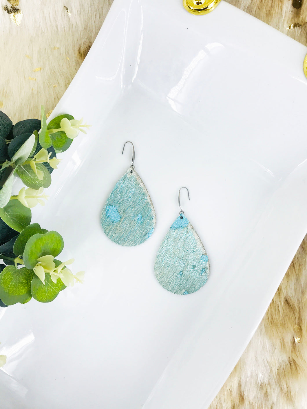 Hair On Turquoise Metallic Leather Earrings - E19-1919