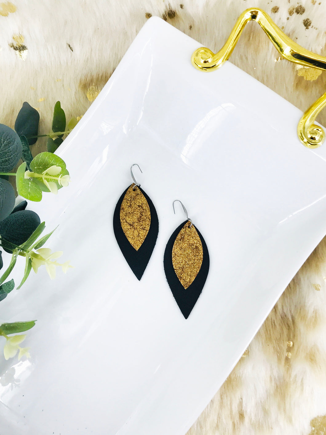Black Leather and Vintage Gold Leather Earrings - E19-1940