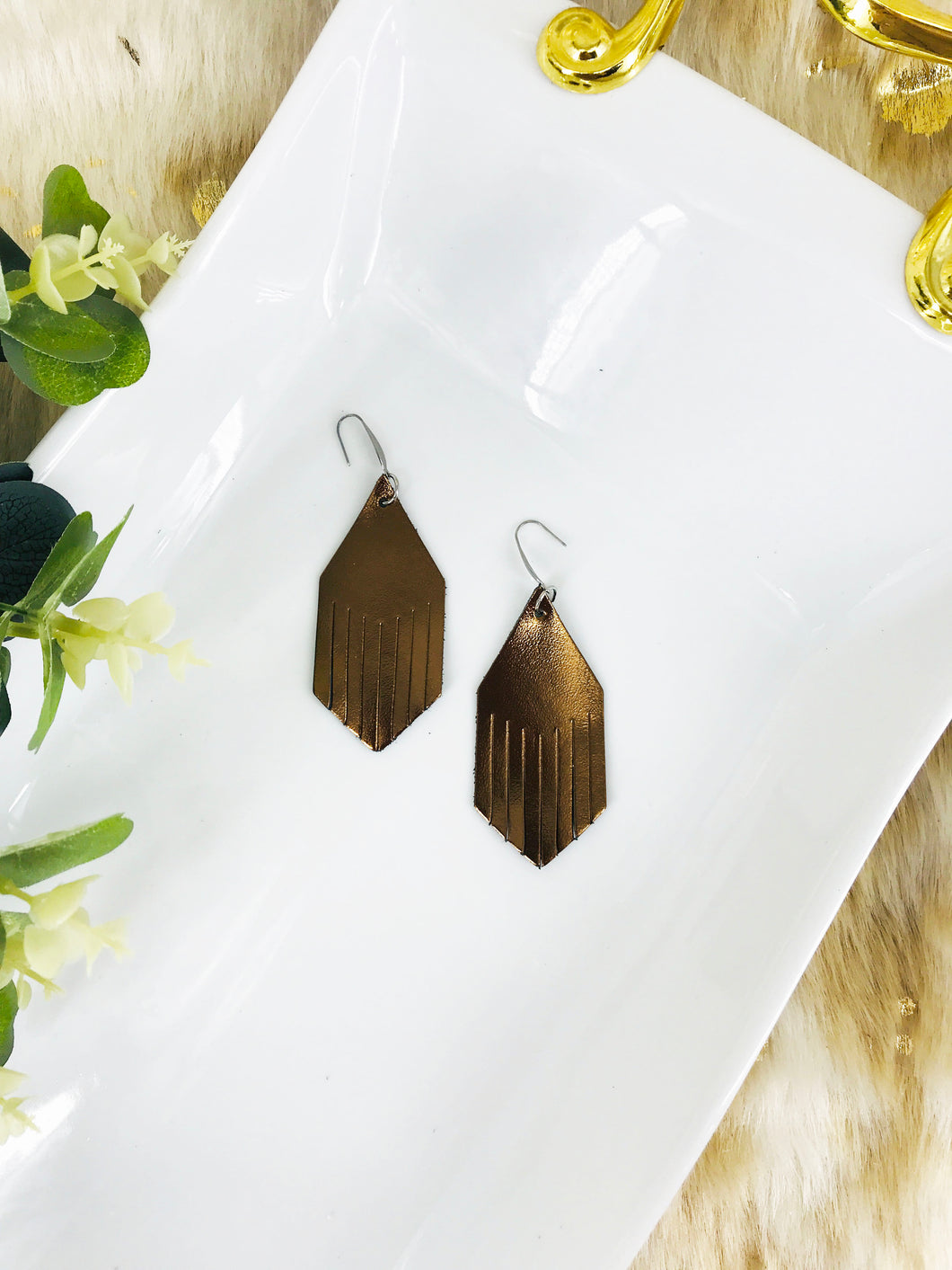 Metallic Bronze Leather Earrings - E19-1948