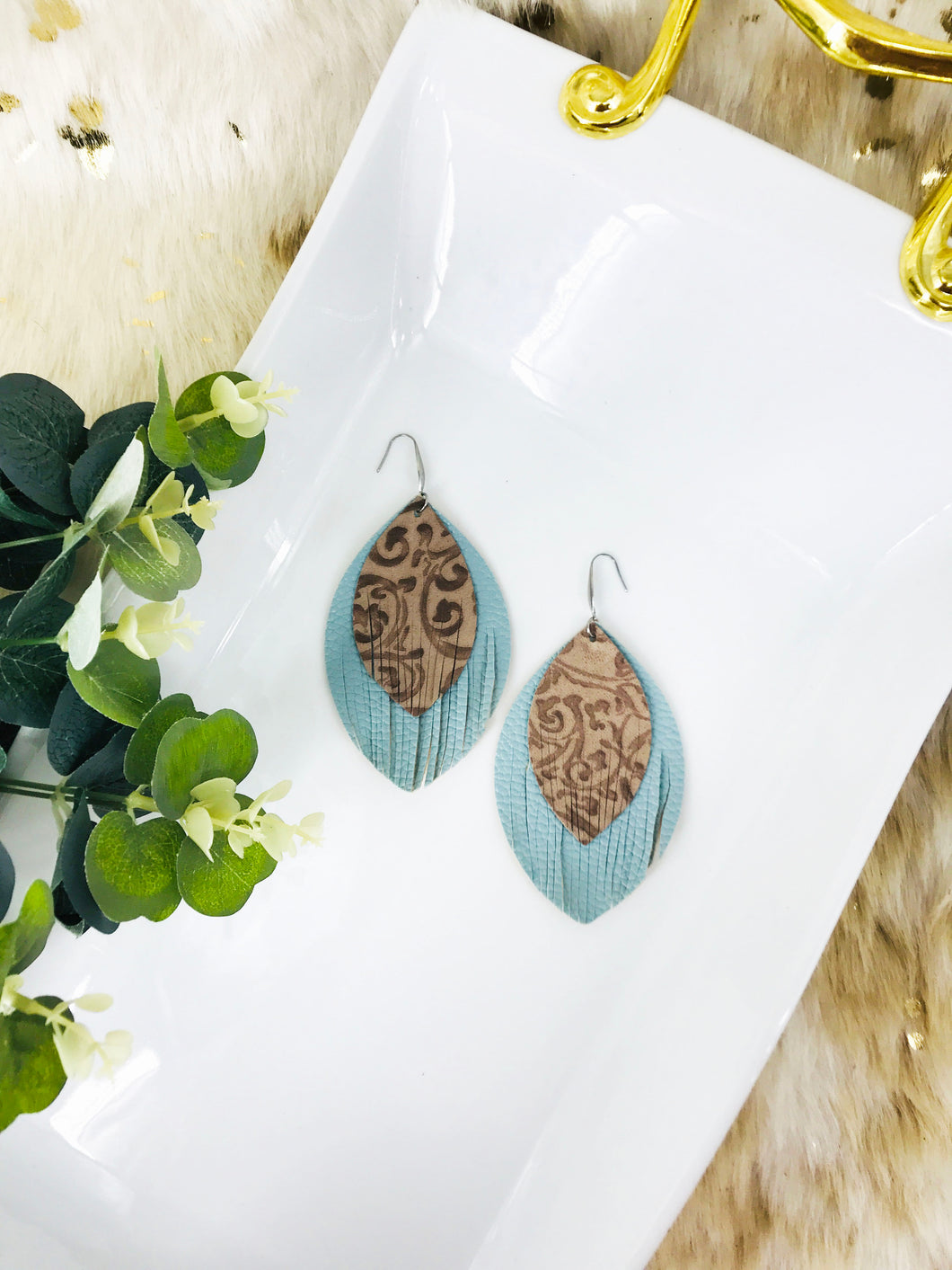 Brown and Blue Genuine Leather Earrings - E19-197