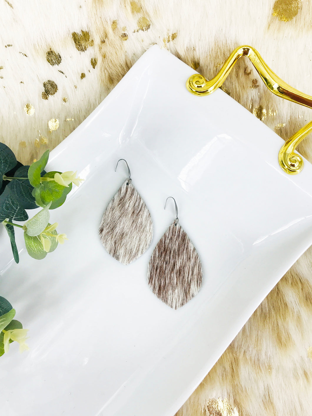Hair On Brown & White Leather Earrings - E19-2053