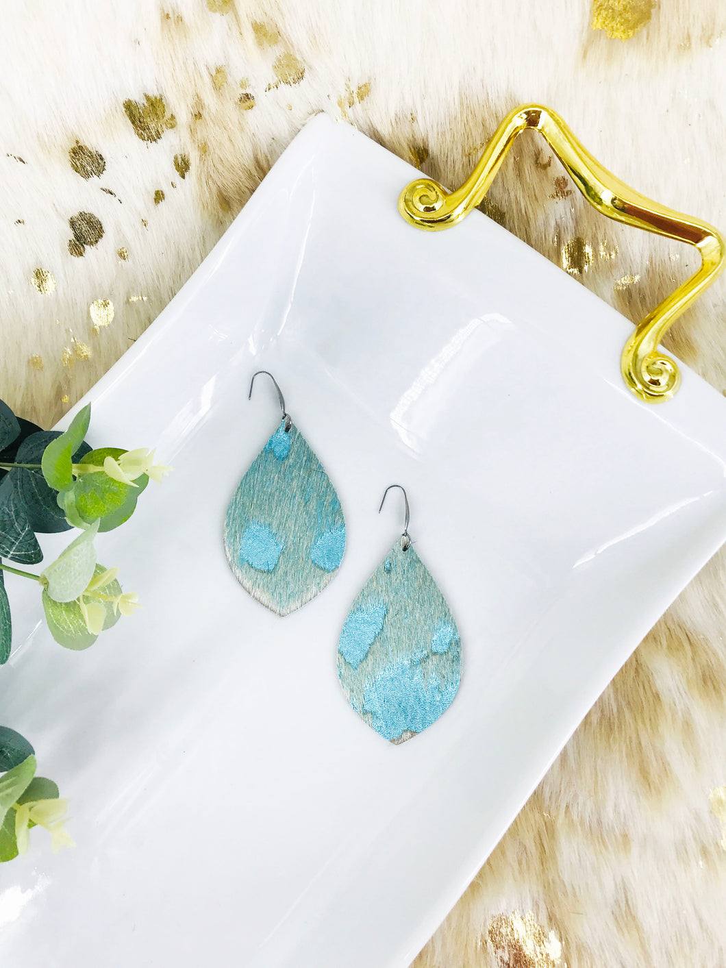 Hair On Turquoise Metallic Leather Earrings - E19-2055