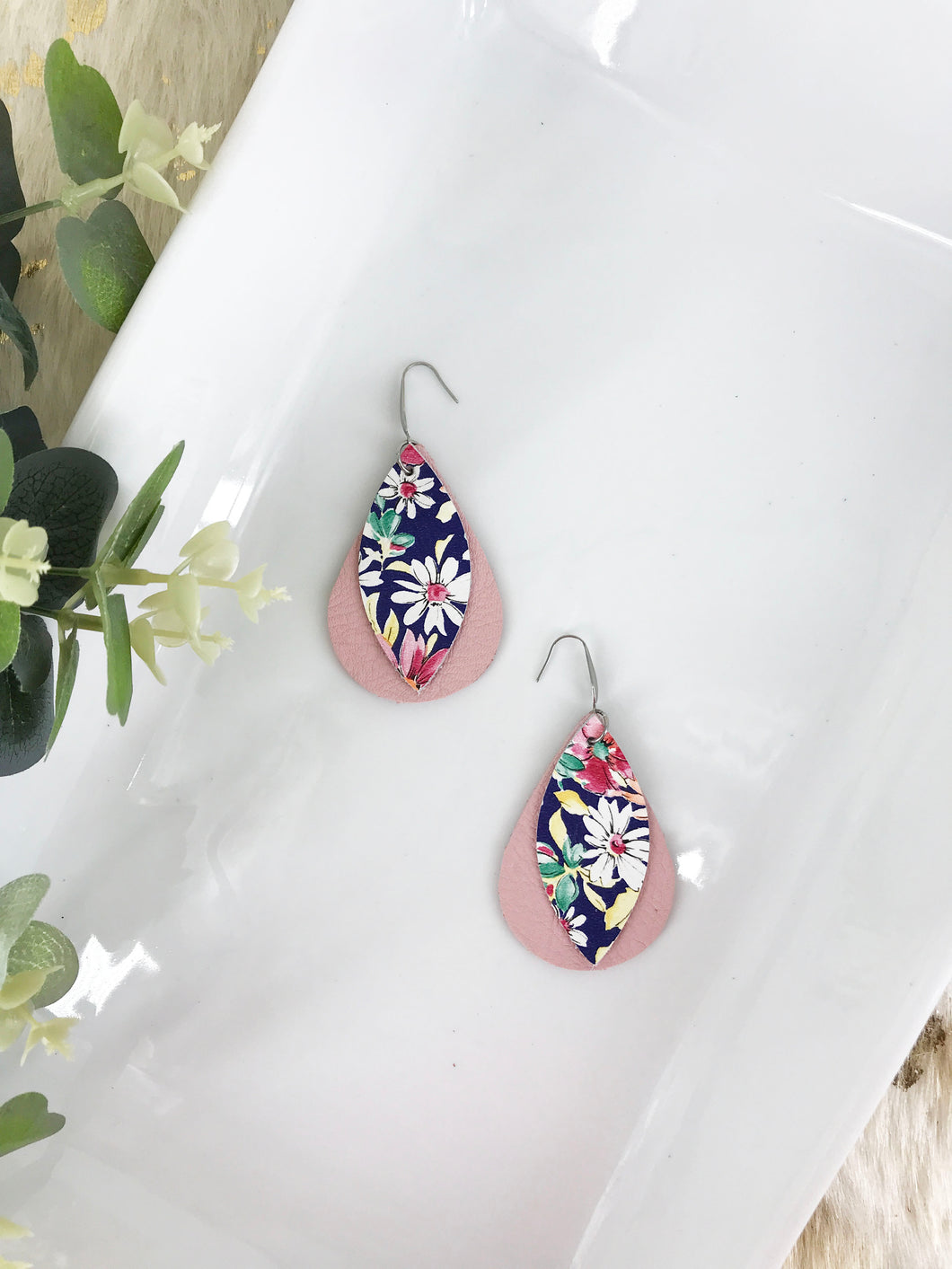 Pink and Floral Layered Leather Earrings - E19-209