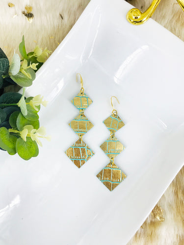 Gold Metallic Teal Crocodile Leather Hoop Earrings - E19-2161