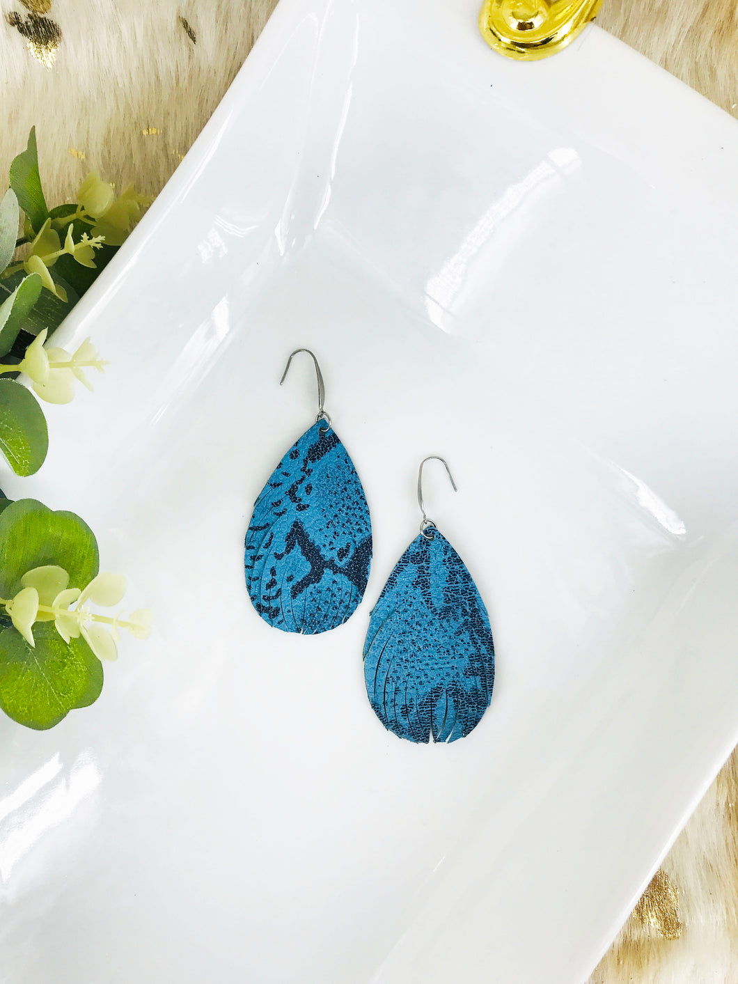 Fringe Blue Snake Skin Leather Earrings - E19-2216